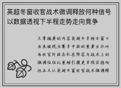 英超冬窗收官战术微调释放何种信号以数据透视下半程走势走向竞争